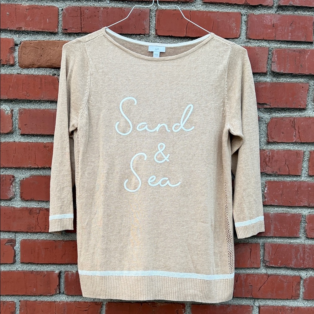 J. Jill Tan Linen Blend Sweater with White Accents